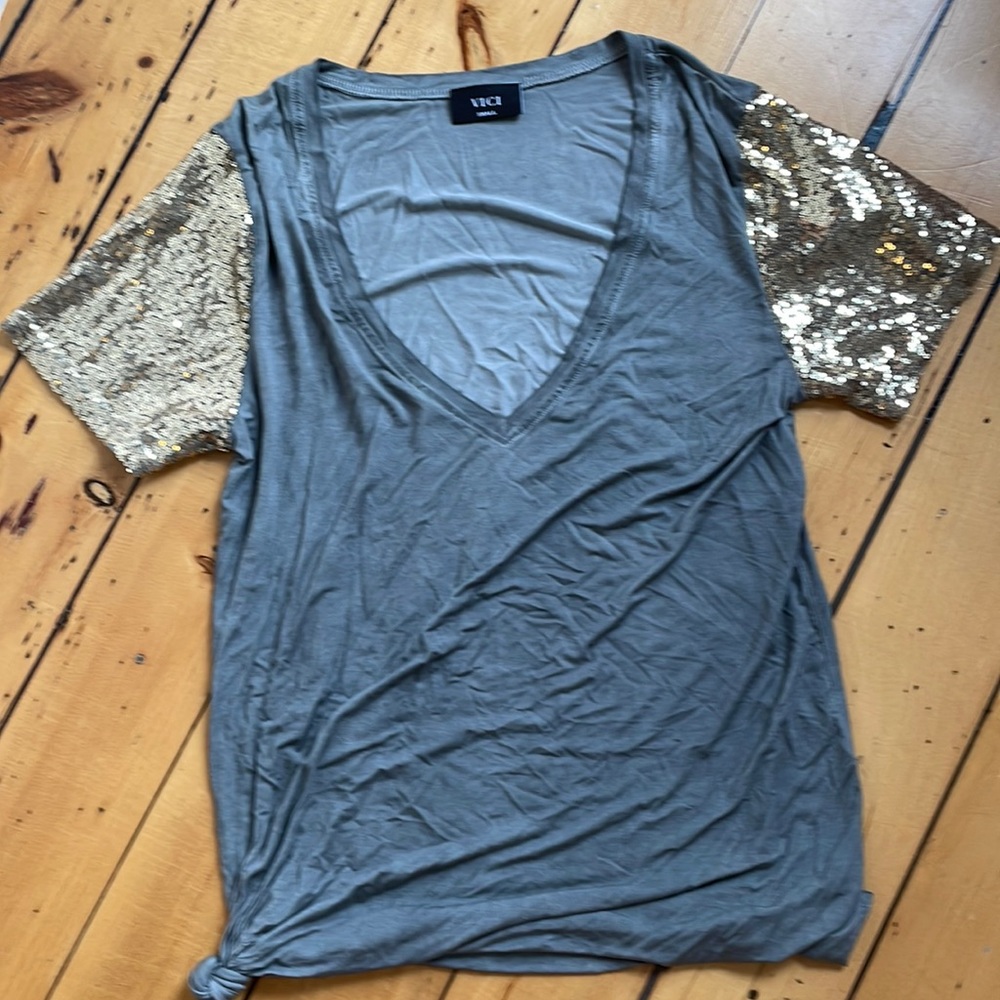 Size small Vici shirt with gold sequin sleeves